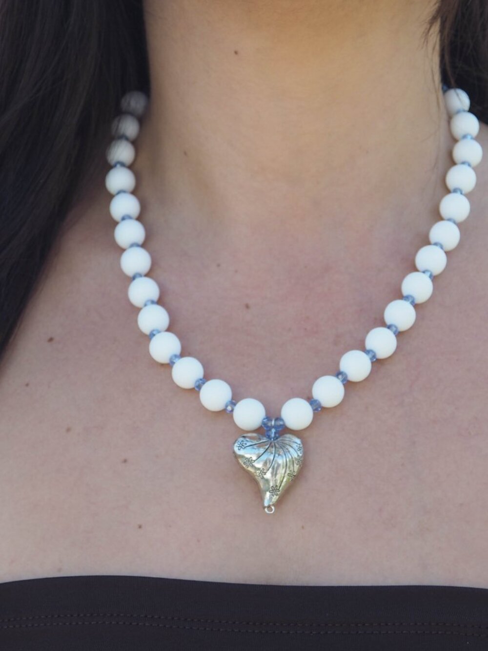 Elegant Handcrafted silver Heart with White Onyx and Light Blue Women Necklace
